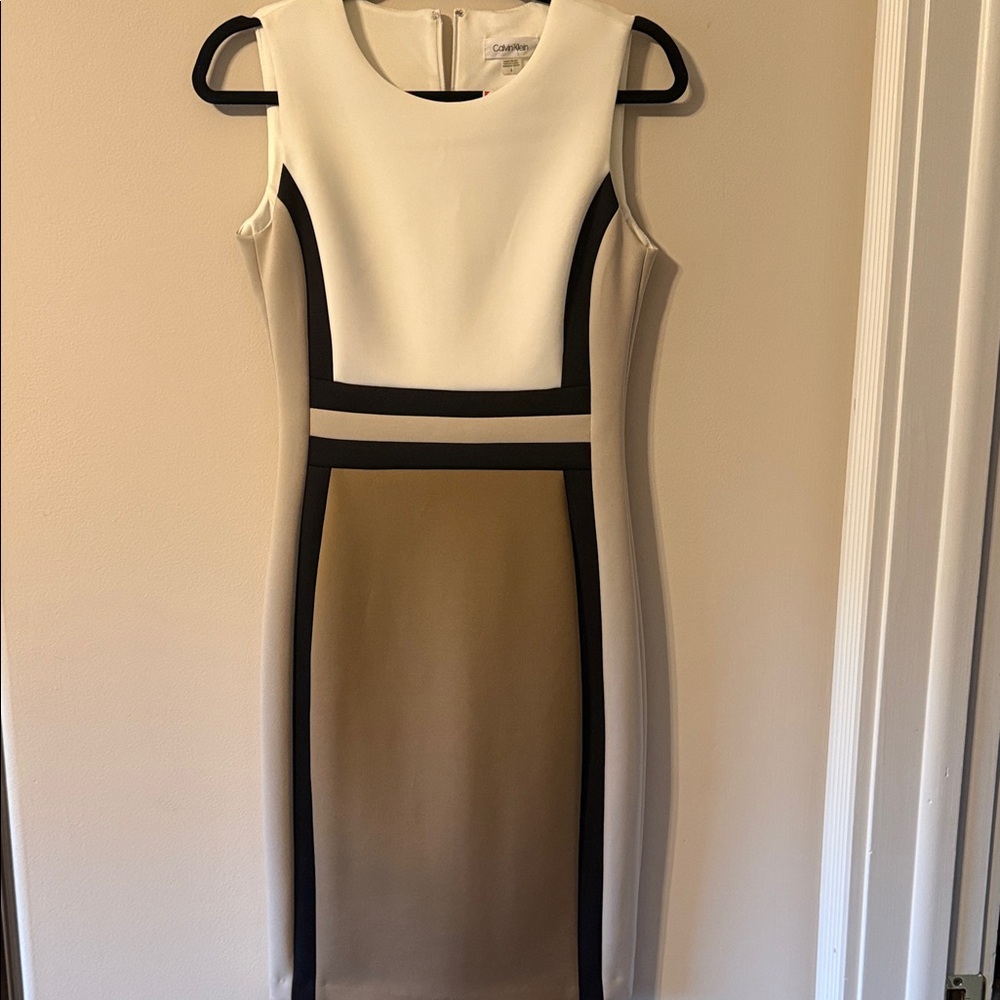 Calvin Klein White, Taupe and Black Colorblock Midi Sheath Dress